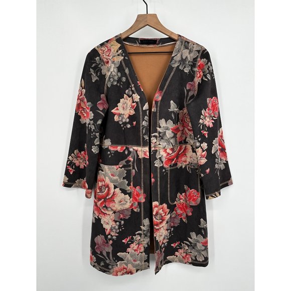 Anthropologie Monarc Gray Open Front Kimono Jacket Women Small Roses Pockets - Picture 1 of 10